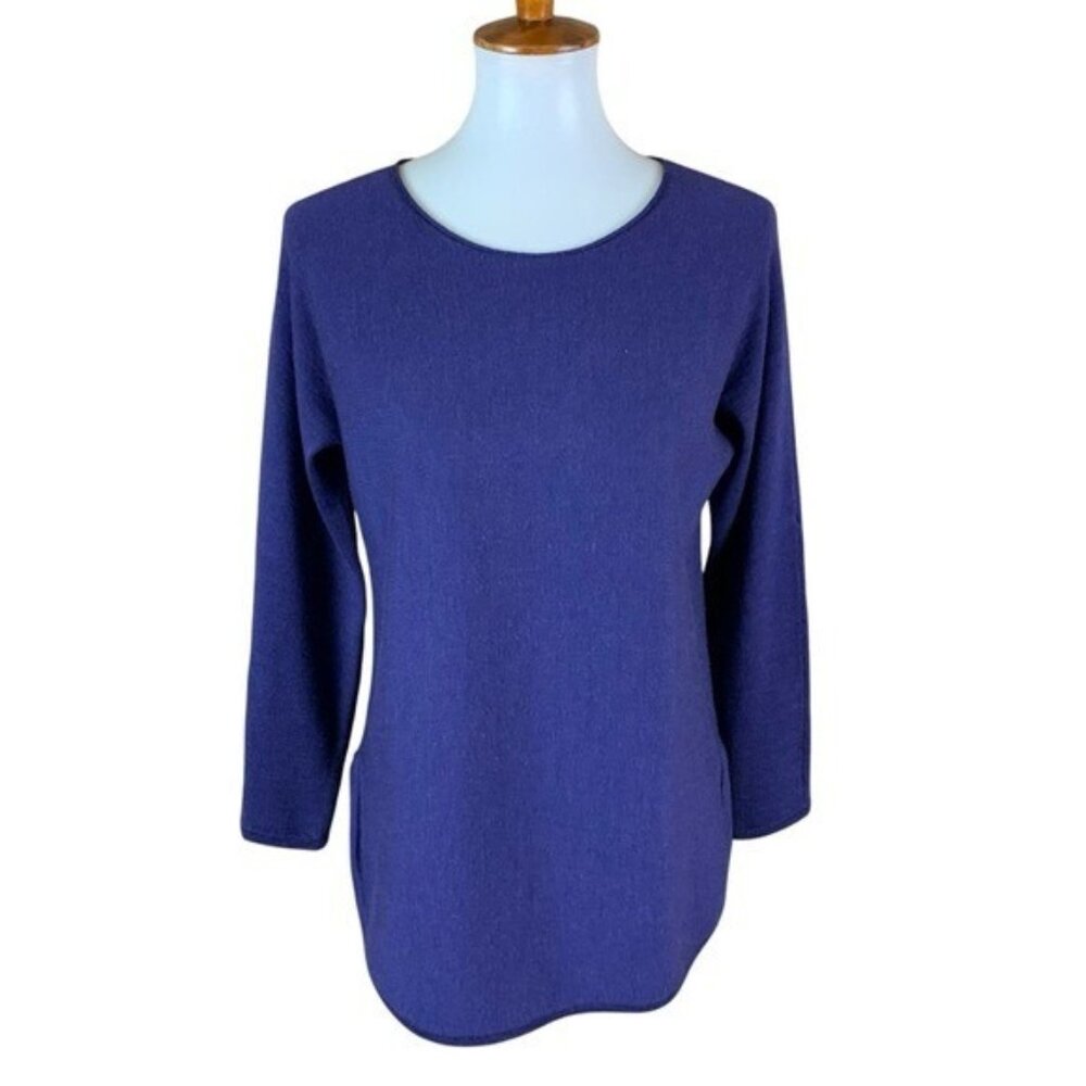 Eileen‎ Fisher Navy Blue Merino Wool Sweater Tunic Round Neck Long Sleeve XS